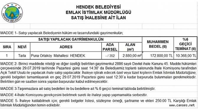Hendek'te açık teklif usulü ihale