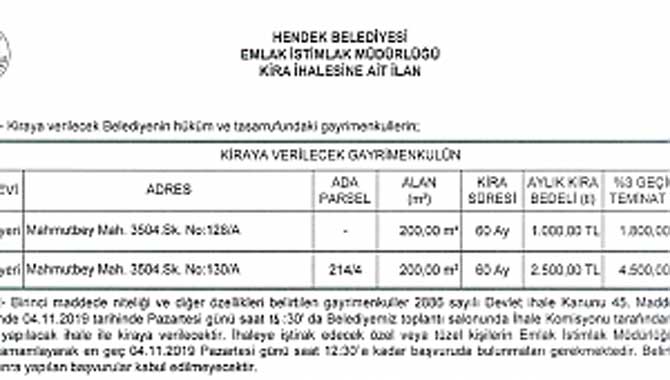HENDEK BELEDİYESİNDEN İHALE DUYURUSU