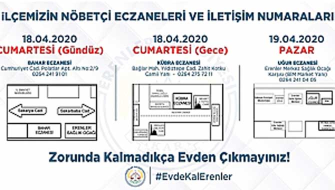 ERENLER BELEDİYESİ FIRINLARIN VE NÖBETÇİ ECZANELERİN LİSTESİNİ PAYLAŞTI 