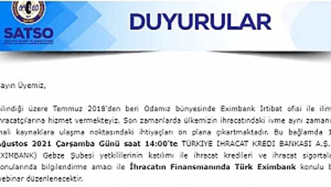 Hatırlatma: İhracatın Finansmanında Türk Eximbank Konulu Toplantı
