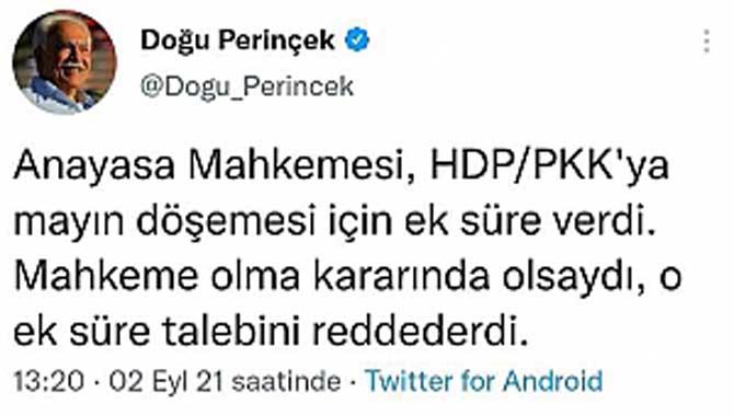 DOĞU PERİNÇEK’TEN AYM’NİN EK SÜRE KARARINA İLİŞKİN AÇIKLAMA